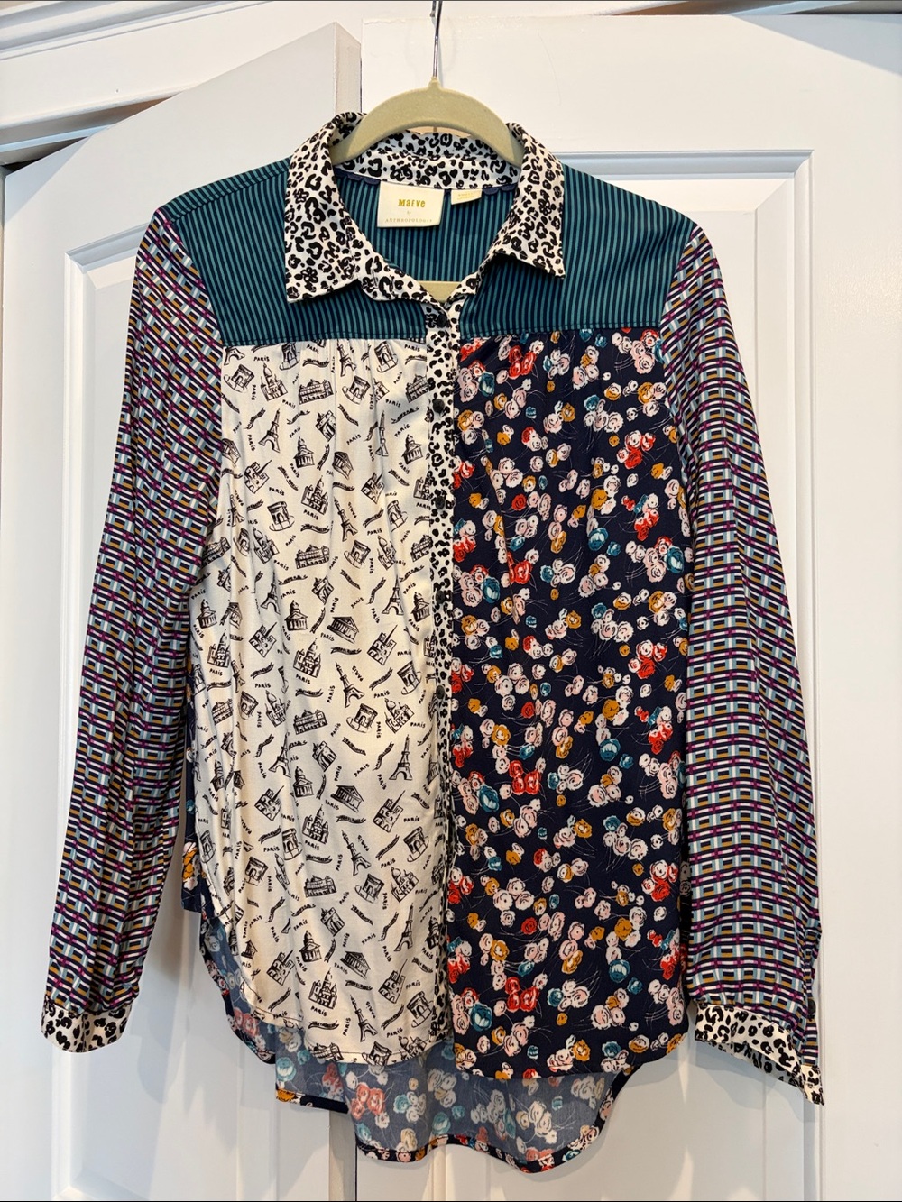 Maeve Patchwork Mixed-Print Button-Down Shirt in Navy, Teal, White, Black.  Med.